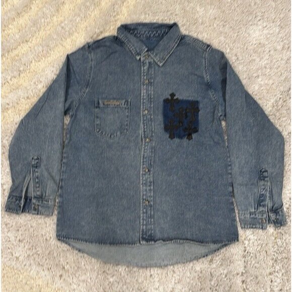 Chrome Hearts 3 Cross Patch Pocket Blue Denim Jean Jacket Men’s Size Large - Picture 1 of 2